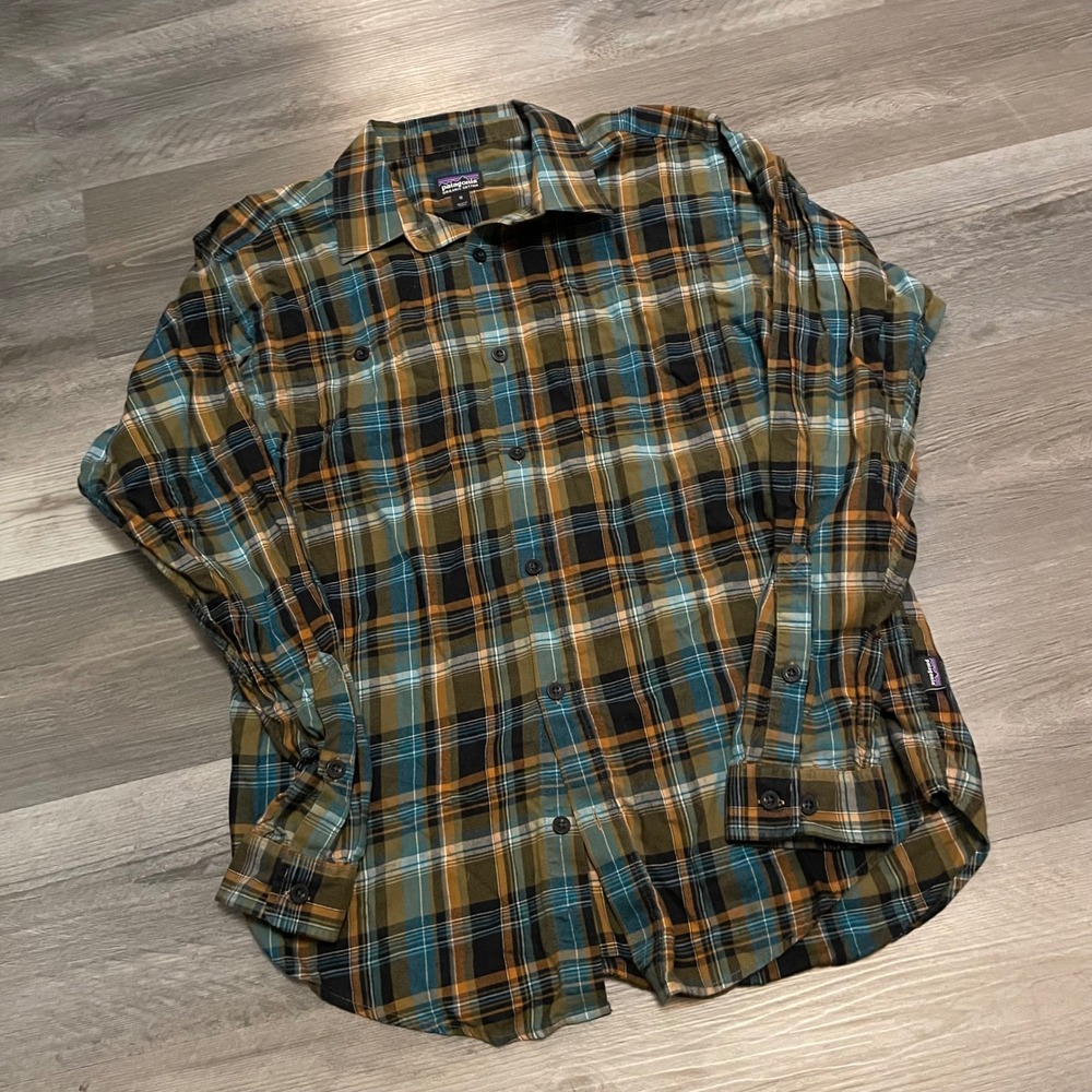 Patagonia Mens Organic Cotton Plaid Button Down Shirt Brown Blue Green Medium
